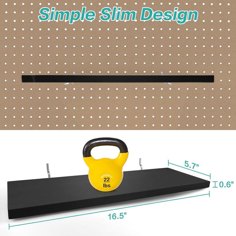 WOWKIT Pegboard Shelves, 16" x 6" Large Peg Board Racks 2Pack Wall Organizer Shelf, 1/4inch Heavy Duty Metal Brackets Fit All Pegboards, Wood Slats, Craft Garage Workbench Office Shelving Accessories (Black) - Image 2